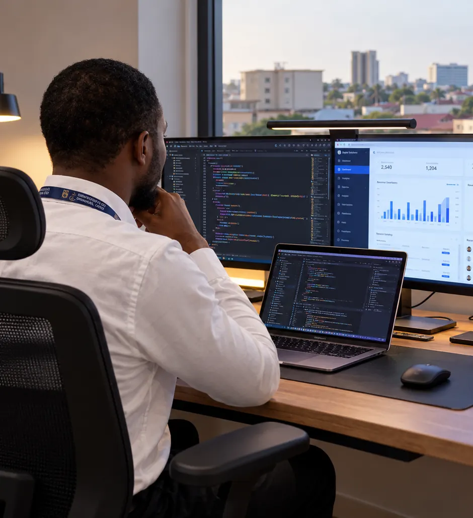 Developer working at a computer, seen from behind
